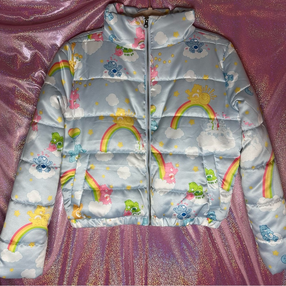 Care Bears Satin Pastel Rainbow Puffer Coat Crop Jacket